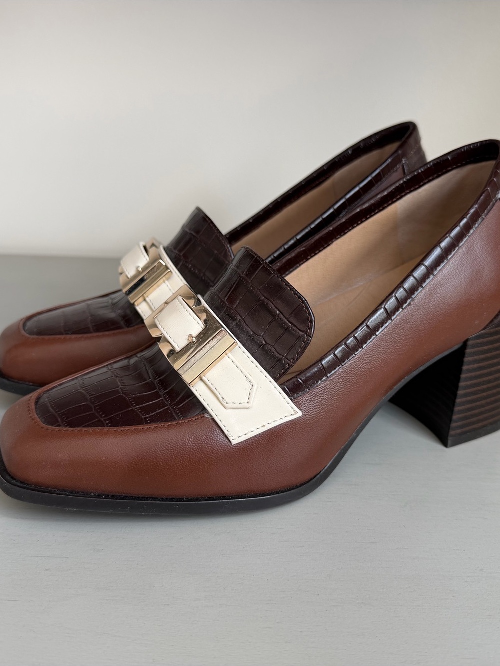 Alex Marie Brown Two-Tone Croc-Trim Loafers with Cream Strap